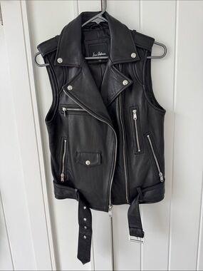 Sam Edelman Black Lamb Leather Sleeveless Moto Jacket with Belt